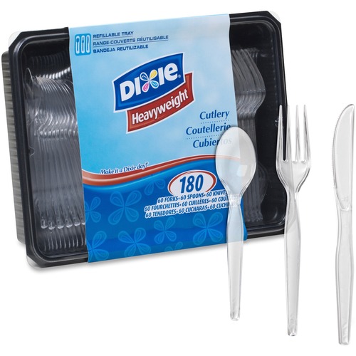 Dixie Heavyweight Disposable Forks, Knives & Teaspoons Keeper Pack Grab-N-Go by GP Pro - 180/Box - Cutlery Set - 60 x Teaspoon - 60 x Fork - 60 x Knife - Polystyrene - Crystal