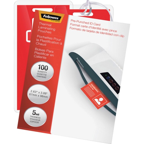 Fellowes Punched ID Card Glossy Thermal Laminating Pouches - Laminating Pouch/Sheet Size: 3.88" Width x 5 mil Thickness - Glossy - for Document, ID Badge, ID Card - Durable, Pre-punched - Clear - 100 / Pack