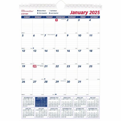 Brownline Ruled Block Wall Calendar - Professional - Julian Dates - Monthly - 1 Year - January 2024 - December 2024 - 1 Month Single Page Layout - 8" x 11" White Sheet - Twin Wire - White - Paper - 1 Each - Wall Calendars - BLIC171101