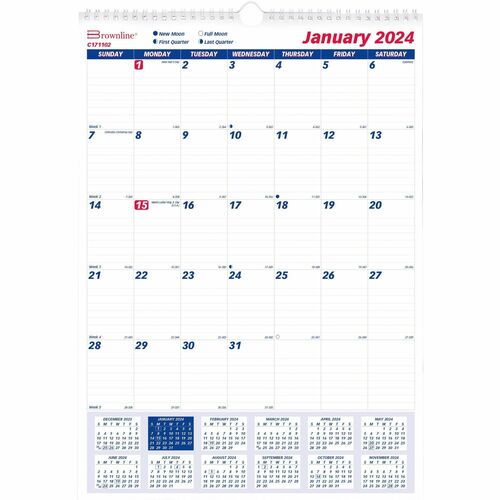 Brownline Ruled Block Monthly Wall Calendar - Julian Dates - Monthly - 1 Year - January 2024 - December 2024 - 1 Month Single Page Layout - 12" x 17" Sheet Size - Twin Wire - White - 1 Each
