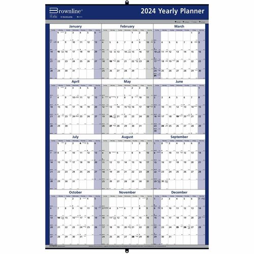 Brownline 2-Sided Paper Yearly Wall Calendar - Yearly - 1 Year - January 2024 till December 2024 - 1 Year Single Page Layout - 24" x 36" Sheet Size - White, Blue - Paper - 1 Each