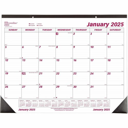 Brownline Professional Monthly Desk/Wall Calendar - Julian Dates - Monthly - 1 Year - January 2024 - December 2024 - 1 Month Single Page Layout - 22" x 17" Sheet Size - Desk Pad - White - Paper - Eyelet, Tear-off, Reinforced - 1 Each