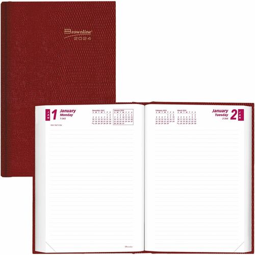 Brownline Untimed Daily Planner - Daily - January 2024 - December 2024 - 7 1/2" Sheet Size - Desktop - Red - 1 Each