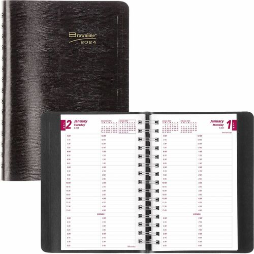 Brownline Daily Planner - Julian Dates - Daily - 1 Year - January 2024 - December 2024 - 7:00 AM to 8:45 PM - Quarter-hourly - 1 Day Single Page Layout - 5" x 8" Sheet Size - Twin Wire - Desktop - Black CoverPhone Directory, Address Directory - 1 Each