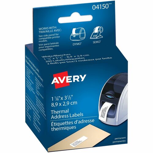 Avery Thermal Label Printer 1 1/8x3 1/2" Mailing Label - 1 1/8" Width x 3 1/2" Length - 130/Roll - White - Multipurpose Labels - AVE04150