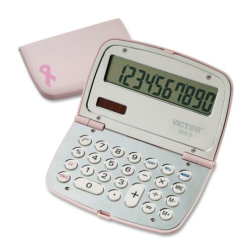 Victor 9099 Pink BCA Calculator - Clock, Date, Independent Memory - 10 Digits - LCD - Battery/Solar Powered - 4.5" x 3" x 0.5" - Pink - Rubber - 1 Each