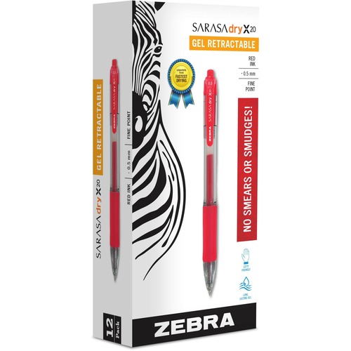 Zebra Pen Sarasa Gel Retractable Pens - Fine Pen Point - 0.5 mm Pen Point Size - Retractable - Red Gel-based Ink - Transparent, Red Barrel