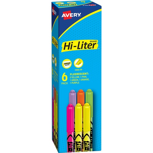 Avery® Pen-Style Fluorescent Highlighters - Chisel Marker Point Style - Fluorescent Green, Fluorescent Orange, Fluorescent Pink, Fluorescent Purple, Fluorescent Yellow - 6 / Pack