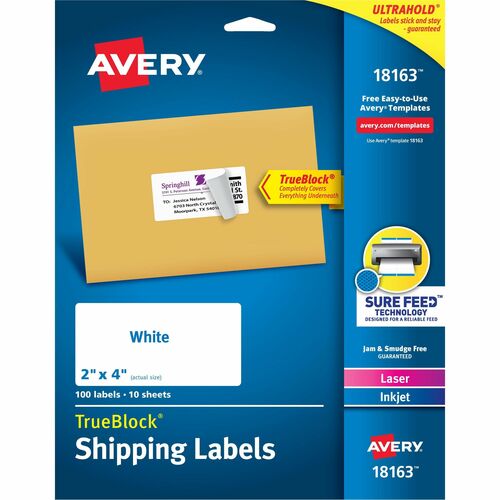 Avery® Shipping Labels, Sure Feed®, 2" x 4" , 100 Labels (18163) - 2" Width x 4" Length - Permanent Adhesive - Rectangle - Laser, Inkjet - White - Paper - 10 / Sheet - 10 Total Sheets - 100 Total Label(s) - 5 - Permanent Adhesive, Jam Resistant, C