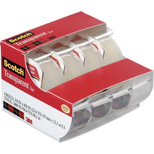 Scotch Transparent Tape - 23.61 yd Length x 0.75" Width - 1" Core - Dispenser Included - Handheld Dispenser - Stain Resistant, Moisture Resistant, Long Lasting - For Sealing, Label Protection, Wrapping, Mending - 4 / Pack - Clear