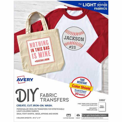 Avery® Stretchable Heat Transfer Paper, 8.5" x 11" , 5 Sheets (3302) - Avery® Stretchable Heat Transfer Paper for Light Fabrics, 8.5" x 11" , Inkjet Printer, 5 Printable Sheets (3302)