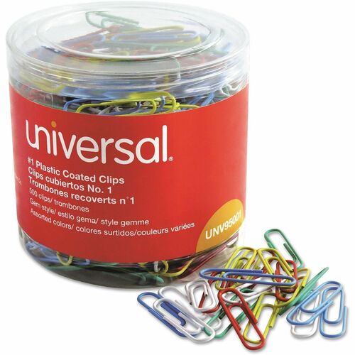 Universal Paper Clip - No. 1 - 1.8" Length x 0.5" Width - Assorted, Blue, Green, Red, White, Yellow - Plastic, Steel Wire - 500 / Pack