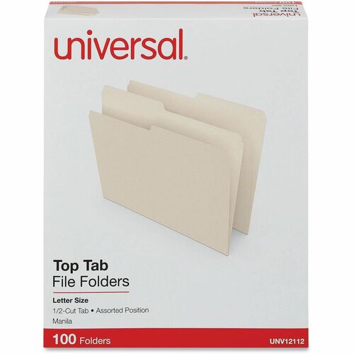Universal 1/2 Tab Cut Letter Top Tab File Folder - 8 1/2" x 11" - 3/4" Expansion - Assorted Tab Position - 11 pt. - Manila - 100 Box