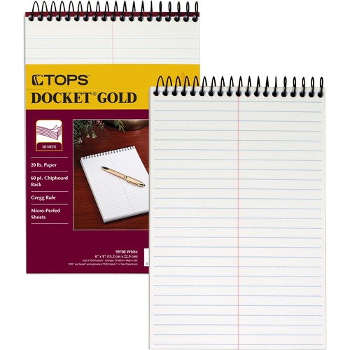 TOPS Docket Gold Spiral Steno Book - 100 Sheets - Coilock - 20 lb Basis Weight - 6" x 9" - 9" x 6" - White Paper - Frosty ClearPoly Cover - Perforated, Acid-free, Heavyweight, Unpunched - 1 Each