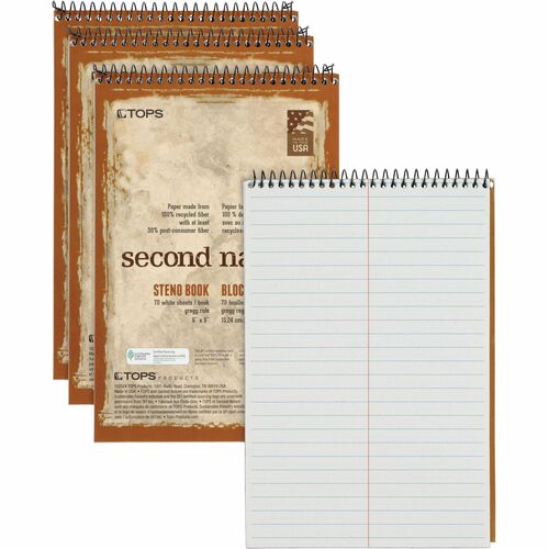 TOPS Second Nature Spiral Steno Notebook - 70 Sheets - Spiral - 0.34" Ruled - 15 lb Basis Weight - 6" x 9" - 1" x 6" x 9" - White Paper - Blue, Gray, Brown Cover - Acid-free - Recycled - 4 / Pack