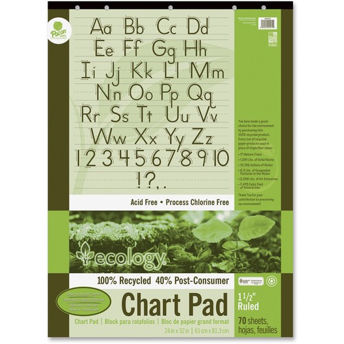Decorol Recycled Chart Pad - 70 Sheets - Strip - Front Ruling Surface - Ruled - 1.50" Ruled - 24" x 32" - White Paper - Manuscript Cover - Eco-friendly, Acid-free, Padded, Tab, Chipboard Backing, Hole-punched, Chlorine-free, Recyclable, Cursive Alphabet, 