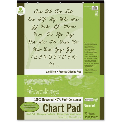 Decorol Recycled Chart Pad - 70 Sheets - Plain - Strip - Unruled Front Ruling - 24" x 32" Sheet Size - White Paper - Eco-friendly, Acid-free, Padded, Tab, Chipboard Backing, Hole-punched, Chlorine-free, Recyclable, Cursive Alphabet, Unperforated - Recycle