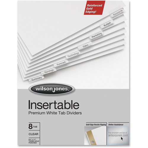 Wilson Jones Gold Line Insertable 8-Tab Dividers - 5 Tab(s) - 5 Tab(s)/Set - Letter - White Paper Divider - Clear Tab(s) - Reinforced Edges, Durable - 8 / Set