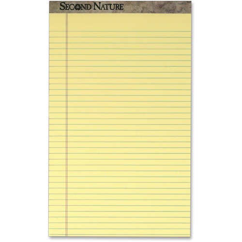 TOPS Second Nature Ruled Canary Writing Pads - Legal - 50 Sheets - Ruled Red Margin - 16 lb Basis Weight - Legal - 8 1/2" x 14" - 2.25" x 14" x 8.5" - Canary Paper - Perforated, Bleed Resistant, Environmentally Friendly, Acid-free, Mediumweight - Recycled