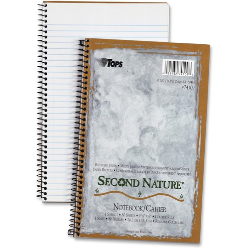 TOPS College-ruled Second Nature Notebook - 80 Sheets - Coilock - 15 lb Basis Weight - 6" x 9 1/2" - 0.23" x 6" x 9.5" - White Paper - Light Blue Cover - Perforated, Acid-free, Snag Resistant, Easy Tear, Environmentally Friendly, Subject, Scratch Resistan