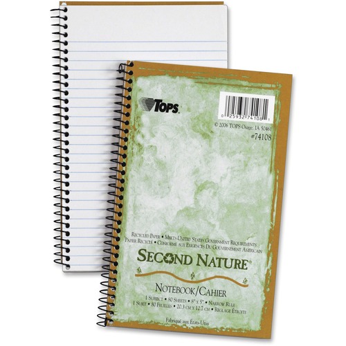 Tops Second Nature 1-Subject Notebook - 80 Sheets - Wire Bound - 15 lb Basis Weight - 8" x 5" - White Paper - Green Cover - Perforated - Recycled - 1 Each