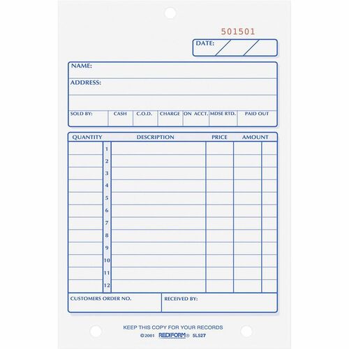 Rediform Carbonless Sales Forms - 50 Sheet(s) - 2 PartCarbonless Copy - 4.25" x 6.37" Sheet Size - Assorted Sheet(s) - Recycled - 1 Each
