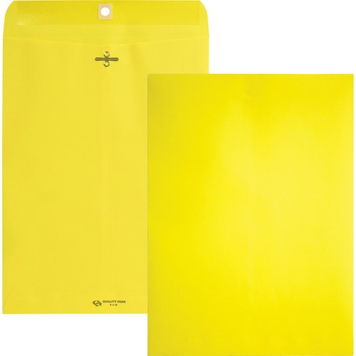 Quality Park 9 x 12 Clasp Envelopes with Deeply Gummed Flaps - Clasp - #90 - 9" Width x 12" Length - 28 lb - Gummed - 10 / Pack - Yellow