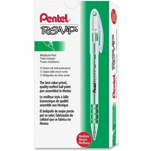 Pentel R.S.V.P. Ballpoint Stick Pens - 1 mm Medium Pen Point - Refillable - Green Ink - Clear Barrel - Stainless Steel Tip - 1 Dozen