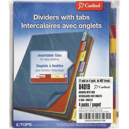 Cardinal Extra-tough Poly Dividers - 8 Tab(s)/Set - Letter - 8.50" Width x 11" Length - 3 Hole Punched - Polypropylene Divider - Multicolor Tab(s) - Fray Resistant, Tear Resistant, Scratch Resistant, Transfer Safe, Insertable Tab - 4 / Pack