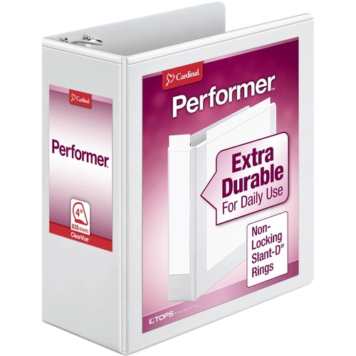 Cardinal Performer ClearVue Slant-D Ring Binder - 4" Binder Capacity - Letter - 8 1/2" x 11" Sheet Size - 835 Sheet Capacity - 3 3/5" Spine Width - 3 x D-Ring Fastener(s) - 2 Inside Front & Back Pocket(s) - Vinyl - White - 2.14 lb - Hinged, Sheet Lifter, 