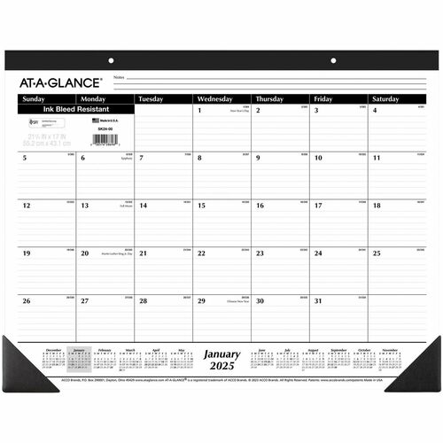 At-A-Glance Monthly Desk Pad Calendar - Standard Size - Julian Dates - Monthly - 1 Year - January 2024 - December 2024 - 1 Month Single Page Layout - 21 3/4" x 17" White Sheet - 2.87" x 2.37" Block - Headband - Desk Pad - Black, White - Paper, Vinyl - Not