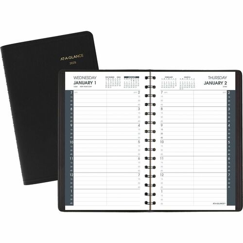 At-A-Glance Daily Appointment Book - Small Size - Julian Dates - Daily - January 2025 - December 2025 - 7:00 AM to 7:45 PM - Quarter-hourly - 1 Day Single Page Layout - 5" x 8" White Sheet - Wire Bound - Black - Faux Leather - Double Pocket - 1 Each