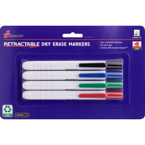 SKILCRAFT Dry Erase Marker - Chisel Marker Point Style - Retractable - Black, Blue, Red, Green - 4 / Set