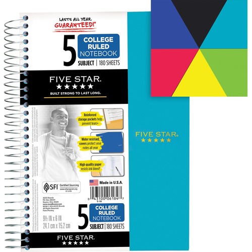 Five Star 5-Subject Notebook - Wire Bound - College Ruled - 6" x 9 1/2" - White Paper - Plastic Cover - Pocket Divider, Perforated, Subject - 1 Each