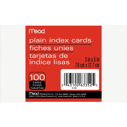 Mead 90 lb Stock Index Cards - Plain - Unruled - 5" x 3" - White Paper - Sturdy - 100 / Pack