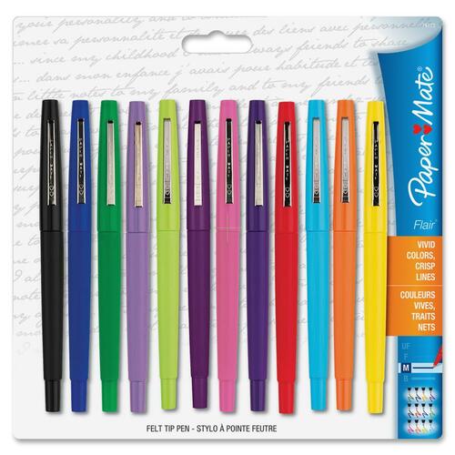 Paper Mate Flair Felt Tip Pens - Medium Pen Point - 1.1 mm Pen Point Size - Assorted - Assorted Barrel - Nylon Tip - 12 / Set