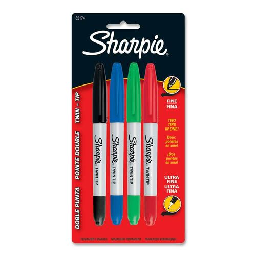 Sanford Twin Tip Permant Maker - Fine, Extra Fine Marker Point - 1 mm, 0.3 mm Marker Point Size - Black, Red, Blue, Green - 4 / Set - Permanent Markers - SAN32174PP
