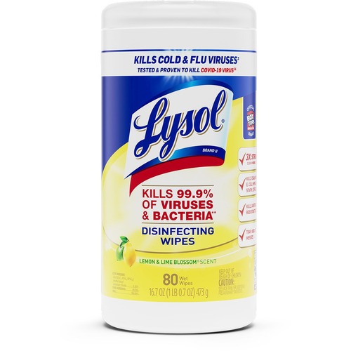 Lysol Disinfecting Wipes - Ready-To-Use - Lemon, Lime Blossom Scent - 7" Length x 7.25" Width - 80 / Tub - 1 Each - Deodorize, Pre-moistened - White