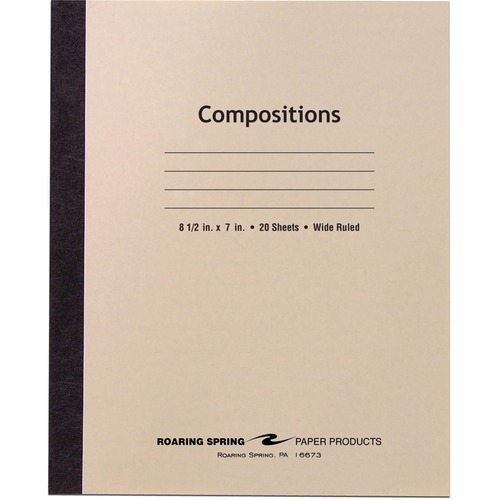 Roaring Spring Wide Ruled Flexible Cover Composition Book - 20 Sheets - 40 Pages - Printed - Sewn/Tapebound - Both Side Ruling Surface - 15 lb Basis Weight - 56 g/m² Grammage - 8 1/2" x 7" - 0.13" x 7" x 8.5" - White Paper - Black Binding - 1 Each