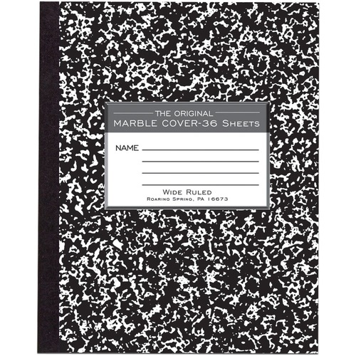 Roaring Spring Wide Ruled Flexible Cover Composition Book - 36 Sheets - 72 Pages - Printed - Sewn/Tapebound - Both Side Ruling Surface - Ruled Red Margin - 15 lb Basis Weight - 56 g/m² Grammage - 8 1/2" x 7" - 0.13" x 7" x 8.5" - White Paper - Black 