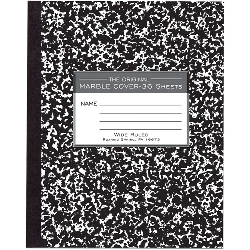 Roaring Spring Wide Ruled Flexible Cover Composition Book - 36 Sheets - 72 Pages - Printed - Sewn/Tapebound - Both Side Ruling Surface - Ruled Red Margin - 15 lb Basis Weight - 56 g/m² Grammage - 8 1/2" x 7" - 0.13" x 7" x 8.5" - White Paper - SBS Bo