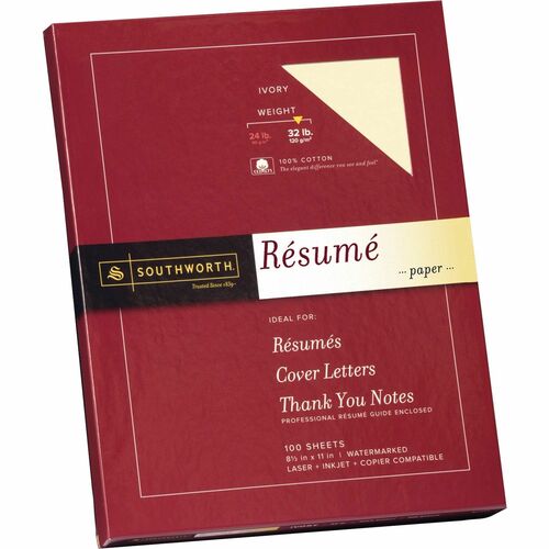 Southworth 100% Cotton Resume Paper - Letter - 8 1/2" x 11" - 32 lb Basis Weight - Wove - 1 / Box - Acid-free, Watermarked - Ivory