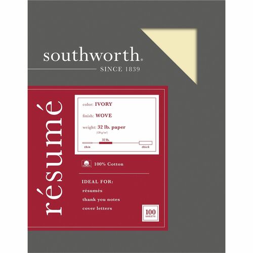 Southworth 100% Cotton Resume Paper - Letter - 8 1/2" x 11" - 32 lb Basis Weight - Wove - Acid-free, Watermarked - Ivory - 100 / Box