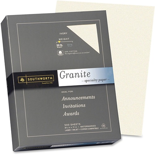 Southworth Granite Specialty Paper - Ivory - Letter - 8 1/2" x 11" - 24 lb Basis Weight - Granite, Smooth - 500 / Box - Watermarked, Acid-free - Ivory