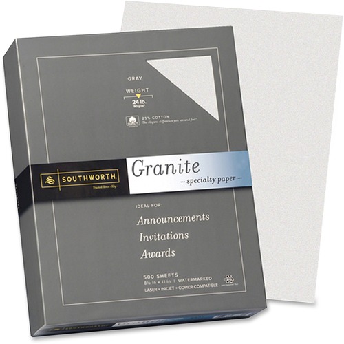 Southworth Granite Specialty Paper - Gray - Letter - 8 1/2" x 11" - 24 lb Basis Weight - Granite - 500 / Box - Acid-free, Lignin-free - Gray