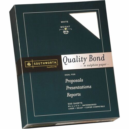 Southworth Quality Bond Paper - White - Letter - 8 1/2" x 11" - 20 lb Basis Weight - Wove - 500 / Ream - Watermarked, Acid-free, Date-coded - White