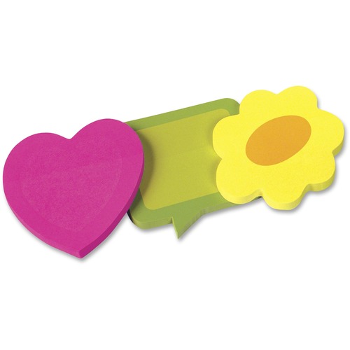 Redi-Tag Two-tone Die-cut Adhesive Neon Note Pads - 50 x Neon Magenta, 50 x Neon Yellow, 50 x Neon Green - 2 9/16" Flag/Note Width x 2 9/16" Flag/Note Length - Heart, Flower, Dialog Box - Neon Magenta, Neon Yellow, Neon Green - Writable, Removable, Reposi