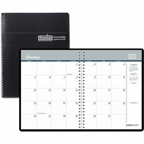 House of Doolittle Wirebound Monthly Planner - Julian Dates - Monthly - December 2023 - January 2025 - 1 Month Double Page Layout - 8 1/2" x 11" Sheet Size - 2.12" x 1.87" Block - Simulated Leather - Black Cover - 1 Each