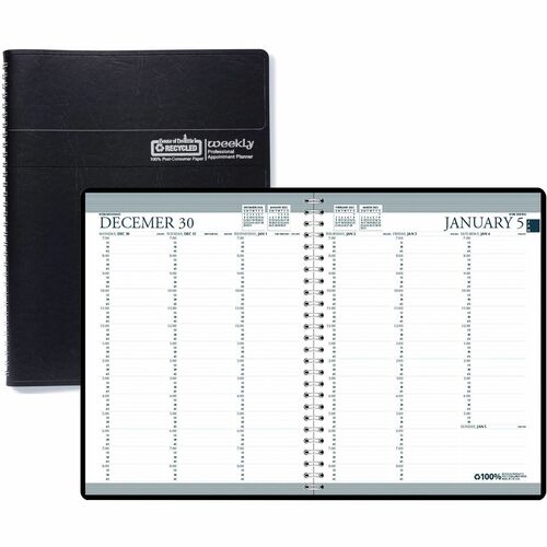 House of Doolittle Black Professional Weekly Planner - Julian Dates - Weekly - January 2024 - December 2024 - 7:00 AM to 8:45 PM - Quarter-hourly - 1 Week Double Page Layout - 8 1/2" x 11" Sheet Size - Simulated Leather - Black Cover - 1 Each
