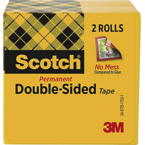 Scotch Permanent Double-Sided Tape - 1/2"W - 25 yd Length x 0.50" Width - 1" Core - Acrylate - 3 mil - Permanent Adhesive Backing - Long Lasting - For Attaching, Mounting - 2 / Pack - Clear